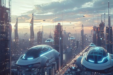 Aufkleber - An illustration of a futuristic city with flying cars in the sky, set against a vibrant sunset. Generative AI