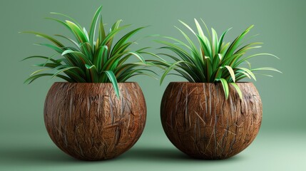 Two Green Plants in Coconut Shell Pots