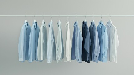 Wall Mural - Row of blue and white shirts hanging on a clothing rack against a light blue background.