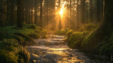 Wall Mural - Forest stream with sunlight shining through trees.