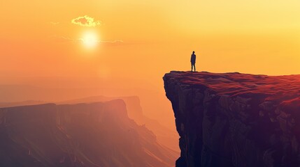 Canvas Print - Person standing on a cliff at sunset, their silhouette framed against a vast landscape illuminated by warm golden and orange hues.