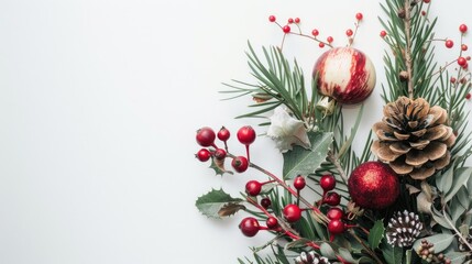 Wall Mural - Festive Christmas arrangement on white background with text space