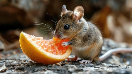 Wall Mural - A small mouse is eating an orange