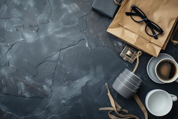 A minimalistic flat lay featuring coffee, glasses, a paper bag, and other items on a slate surface, representing modern lifestyle and simplicity.