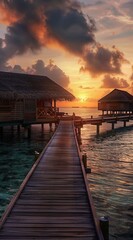 Wall Mural - An idyllic scene by the ocean with overwater bungalows and a wooden walkway extending over serene waters at sunset, all beneath a sky filled with dramatic clouds.