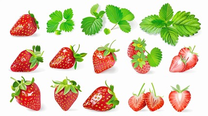 Aufkleber - A collection of fresh, red strawberries with green leaves, isolated on a white background. The image includes whole strawberries, halved strawberries, and strawberry leaves. Generative AI