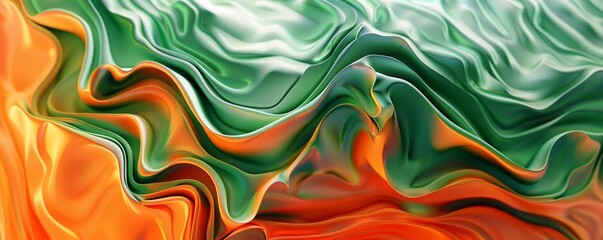 Wall Mural - Abstract fluid art painting with green and orange swirls, vibrant color palette. Modern art concept