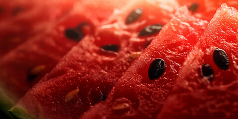 Wall Mural - Close-up of red ripe watermelon with seeds in slices