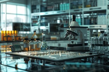 Leinwandbilder - A modern laboratory setting with a microscope and beakers containing chemical solutions on a reflective workbench. Generative AI