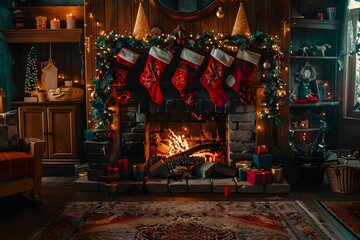 Wall Mural - Cozy Christmas Fireplace with Stockings and Festive Decorations