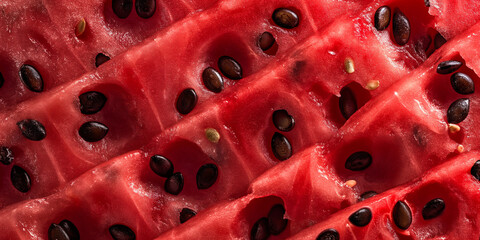 Wall Mural - Close-up of juicy red ripe watermelon slices with visible black seeds, perfect for summer themes