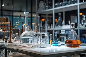 Aufkleber - Various laboratory glassware, including beakers, flasks, and test tubes, are displayed on a white table in a well-lit research lab. Generative AI
