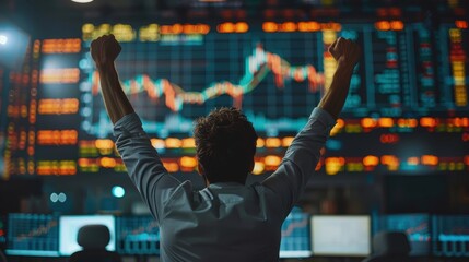 Wall Mural - A man is standing with arms raised in triumph in front of a computer screen