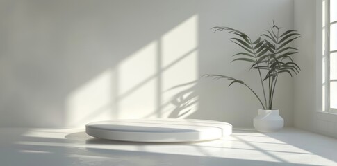 Wall Mural - Modern minimalist interior design with sunlit podium and potted plant, perfect for showcasing products.