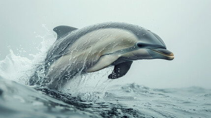 A dolphin is swimming in the ocean with its mouth open. The water is splashing and the dolphin is creating a wave