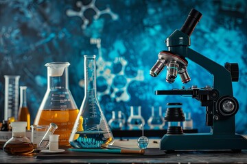 Poster - A laboratory microscope and a collection of glass beakers sit on a dark table, with a blue background. Generative AI