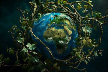 Wall Mural - A network of digital vines intertwining around a globe, depicting the growth of global sustainability.