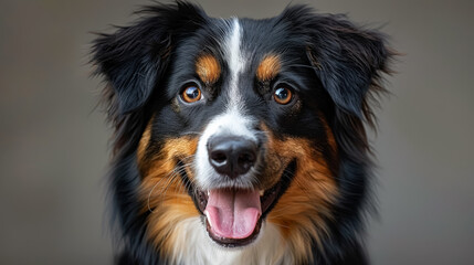 Wall Mural - A dog with a black and brown coat is smiling and has its tongue out. The dog's eyes are open and it is happy