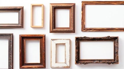 Wall Mural - Old wooden picture frames group with empty space on white backdrop