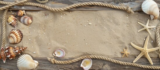 Wall Mural - Seashells, starfish, rope, and wooden board placed on the sandy beach. Summer-themed backdrop with empty space, flat lay design.