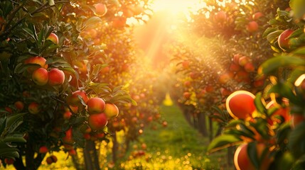 Aufkleber - A view of an apple orchard with the sun shining through the branches. The apples are ripe and red. Generative AI