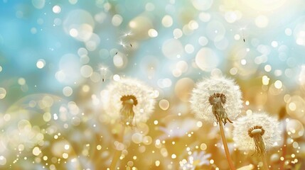 Sticker - Close-up of dandelions in a sunny meadow with bokeh effect. Bright warm tones and dreamy style. Ideal for nature, summer, and outdoor themes. Captures the essence of tranquility. AI