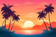 © Katsiaryna - Silhouettes of palm trees against the background of a colorful tropical sunset in the ocean. The sun sets against the background of mountains, sea and clouds. Illustration, gradient