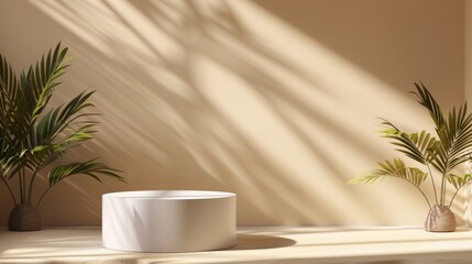 Wall Mural - A serene, minimalist bathroom featuring a round white basin and tropical plants, bathed in natural sunlight.