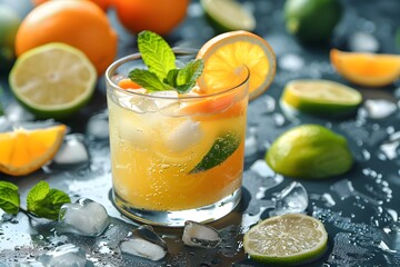 Wall Mural - Refreshing Citrus Cocktail with Mint and Ice
