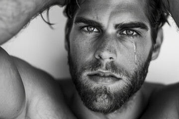 Close-up portrait of a young man of European descent, studio photo, against a sleek gray studio backdrop