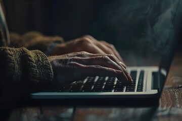 Wall Mural - Hands Typing on a Laptop Keyboard in a Dimly Lit Room