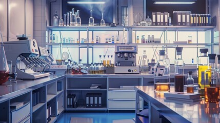 Poster - A clean, modern laboratory with rows of glassware and equipment, including beakers, flasks, and a machine with multiple nozzles. Generative AI