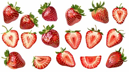 Aufkleber - A collection of ripe and juicy whole strawberries and slices arranged on a white background. Generative AI