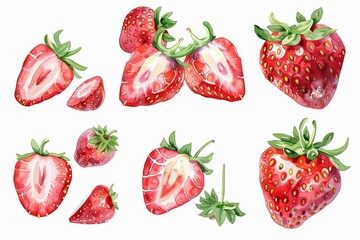 Aufkleber - A watercolor illustration of red ripe strawberries, some whole, some halved, with green leaves. Generative AI