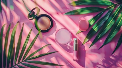 Poster - Cosmetic items and palm leaf on bright backdrop