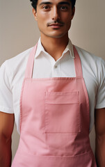 Wall Mural - A man in a kitchen apron. Chef work in the cuisine. Cook in uniform, protection apparel. Job in food service. Professional culinary. Pink fabric apron, casual stylish clothing. Baker. Generated AI