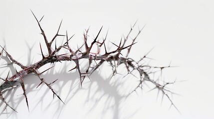 Thorny branch with sharp spikes on white background
