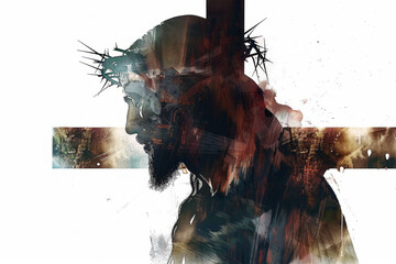 Double exposure of Jesus Christ and the cross on white  background. Digital artwork. Generative AI