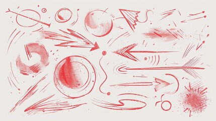 Poster - A digital illustration featuring a collection of abstract red shapes and arrows drawn by hand. Generative AI