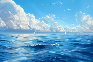 Aufkleber - A picturesque scene of two sailboats navigating a calm ocean under a blue sky dotted with white clouds. Generative AI
