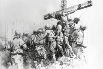 Wall Mural - Jesus takes up his Cross. Draw illustration. Generative AI