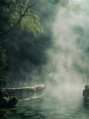 Poster - A serene hot spring pool surrounded by lush greenery and misty air, creating a tranquil and peaceful atmosphere. Generative AI