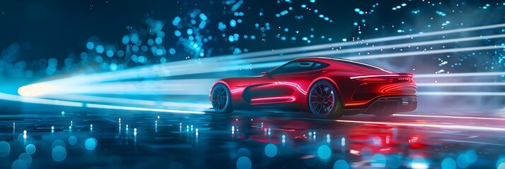 A red futuristic car in the center of an abstract blue background with holographic elements, surrounded by glowing light effects and digital waves