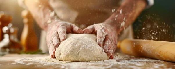 Wall Mural - Hands Kneading Dough with Flour in Air