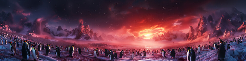 Wall Mural - Fantasy panorama view, hundreds of king penguins on iceberg, sunrise or sunset, dawn or dusk, fantastic wildlife in Antarctica