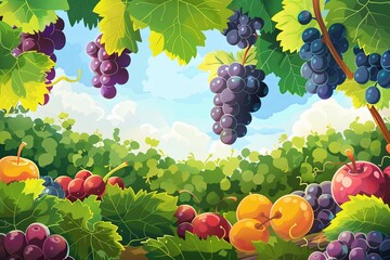 Leinwandbilder - A colorful illustration of grape vines with ripe grapes, apples, and cherries hanging from them on a sunny day. Generative AI