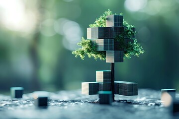 Wall Mural - A series of digital cubes stacked to form a tree, illustrating the building blocks of sustainable business.