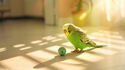 Green budgerigar standing on a sunlit floor with a yellow ball. Concept of pet bird, parrot, domestic animal, playful budgie