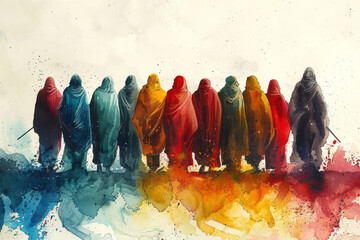 The twelve chosen, disciples. Biblical. Christian religious watercolor Illustration. Generative AI