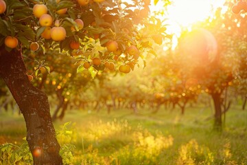 Aufkleber - A scenic view of an orchard at sunset, with golden light highlighting ripe apples on the branches. Generative AI